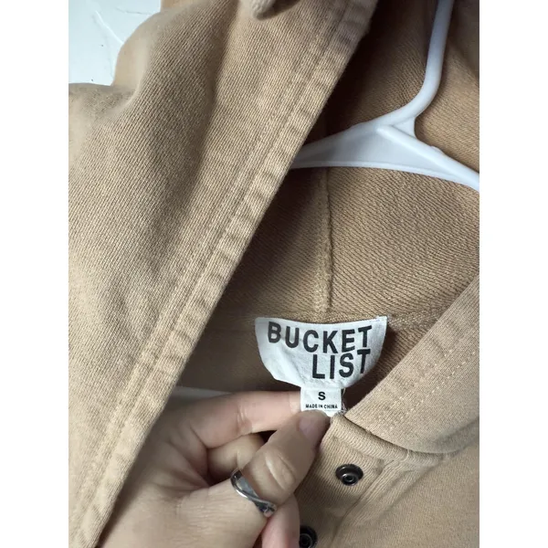 Bucket List Hoodie Womens Small Tan Pullover‎ Snap Neck Ribbed Hem Thumbholes - Image 4