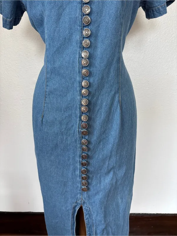 Vintage 80s Western V-Neck Faux Button-Front Light Blue Denim Midi Dress - Image 3