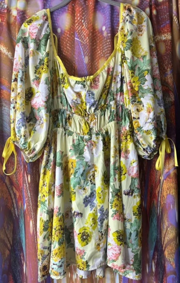Yellow Floral Puff Sleeve Mini Dress✨ Size L - Image 4