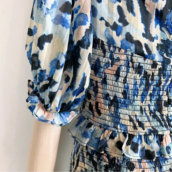 Elliatt Incubus Smocked Short Sleeve Mini Dress in Blue Multi Size Small NWT - Image 6