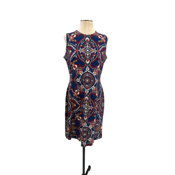 J McLaughlin Devon Sleeveless Shift Dress Blue Red Medallion Print‎ Medium - Image 3