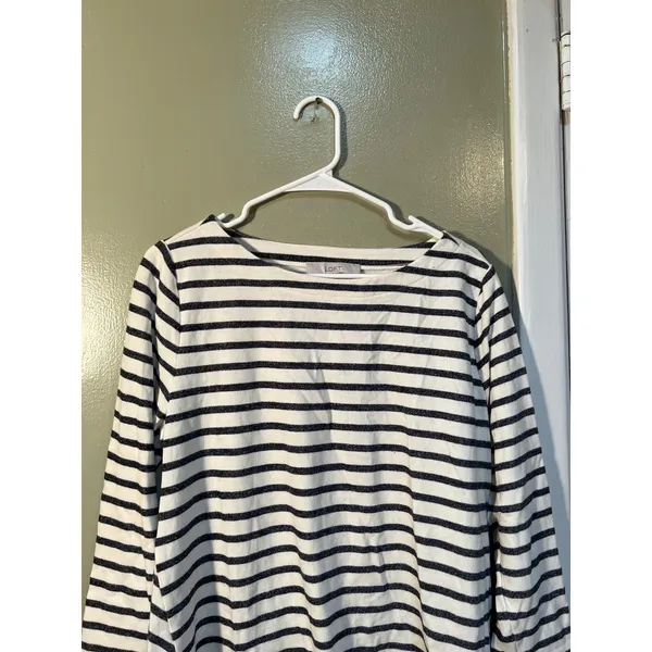 Loft Women's Size Large Boatneck T-Shirt White Navy Stripes Terry Cloth Boatneck - Image 2