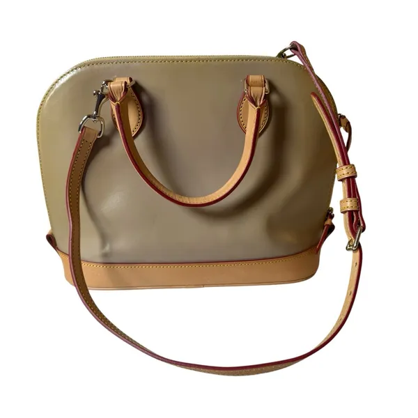 Dooney & Bourke Patent Leather Satchel Bag Oyster Taupe Authentic Neutral - Image 2