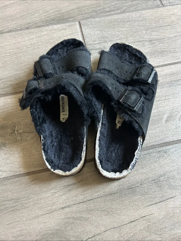Birkenstock Black Faux Fur Double-Strap Sandals - Image 5