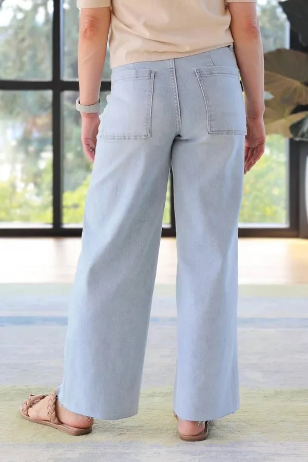 OAT NEW YORK- High Rise Wide Leg Jeans Blue Denim Powder Light Wash Raw Fray Hem - Image 2