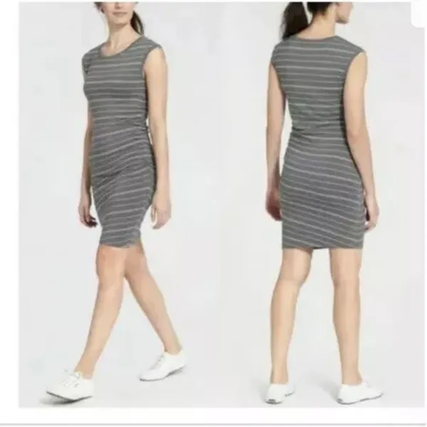 Athleta‎ Ruched Carefree Tee Dress Gray White Stripe Small - Image 2