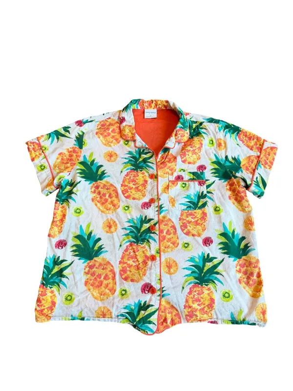 Sleep Sense Ivory Tropical Pineapple Print Pajama Set Shirt Pants Small Women's - Image 4