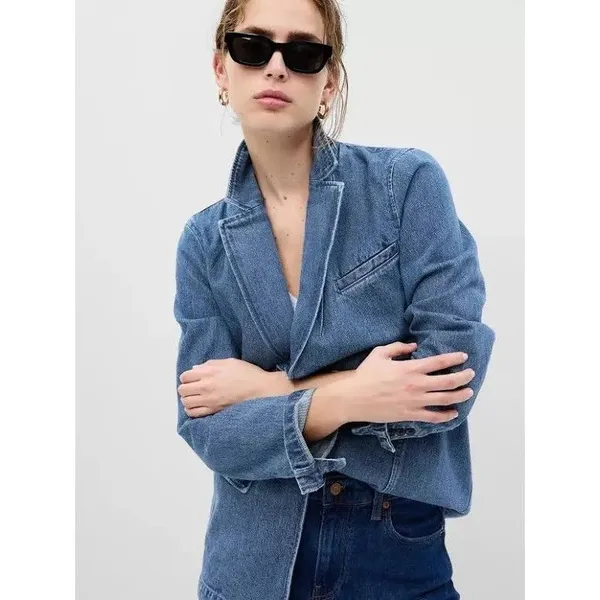 Gap Denim Blazer Women's XS Blue Classic Fit Button Front Jacket‎ Blue - Image 3