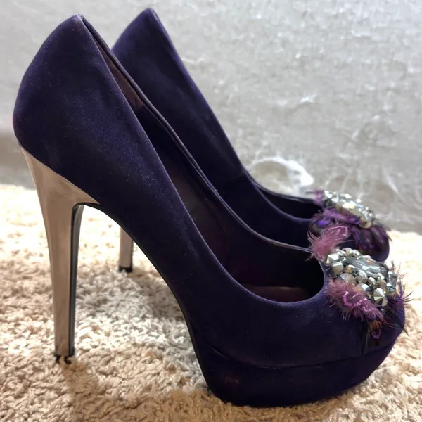 1665 | Aldo Bouch Jewel‎ Feather Embellished Platform Pump Purple Women 9 / 40 - Image 7