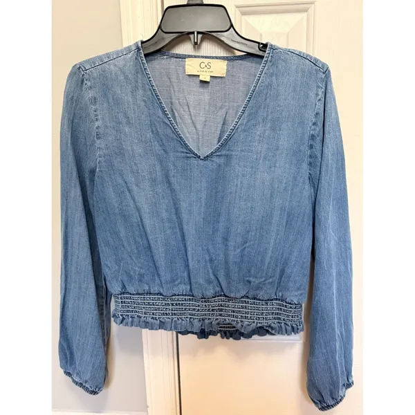 Cloth & Stone Anthropologie Smocked Waist Blouse Tencel Denim Chambray Top S - Image 4