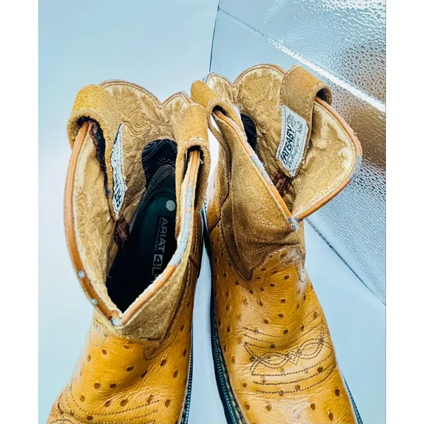 Ariat Fat Baby Tan Ostrich quill pebbled leather Cowgirl round toe boots W sz6 - Image 9