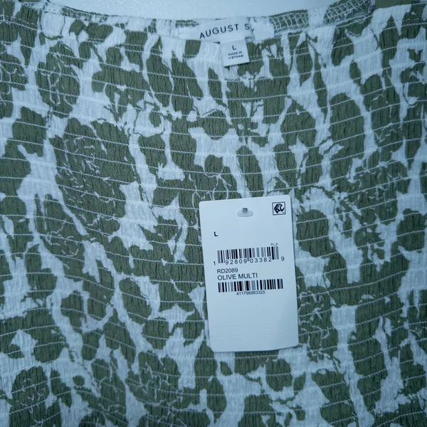 August Sky Olive Green Floral Puff Sleeve Smocked Midi Dress Size Large NWT - Image 4