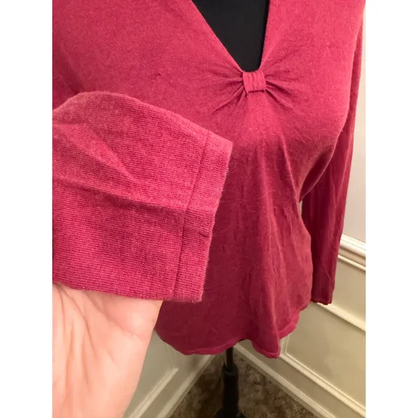 Banana Republic Luxury Blend V-Neck Knit Top Dusty Pink Bow Rouched Accent - Image 2