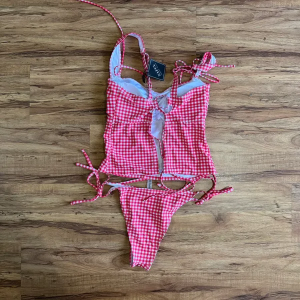 Zaful‎ Red Gingham Tankini Set Tie Shoulder Lace Up Back Swimsuit US 8 New - Image 10