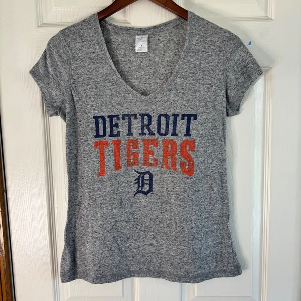 MLB Detroit‎ Tigers V-Neck T-Shirt Women's Heather Gray Baseball Tee M - Image 5