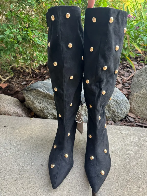 a new day Black Knee-High Studded Boots with Gold Studs 7.5 NWT - Image 3