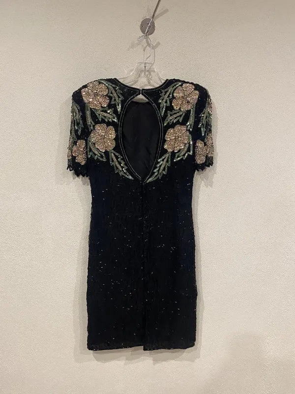 Laurence Kazar Dress Womens Medium Black Vintage Sequin Beaded Floral Silk Party - Image 4