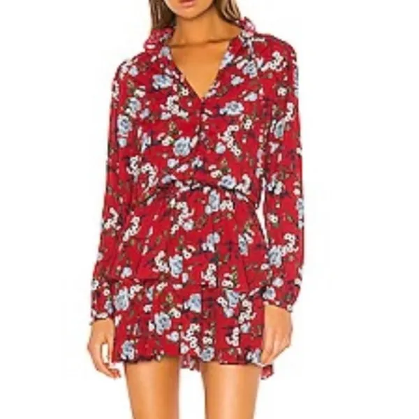 Yumi Kim Red Floral Ruffle Tiered Mini Dress Long Sleeve Smocked Waist Size‎ S - Image 2