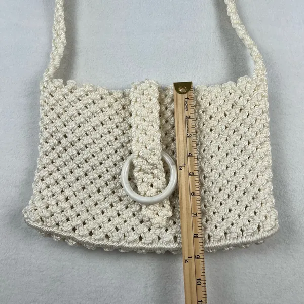 Macrame Shoulder Bag Women Medium‎ Cream Excellent Boho Ring Closure - Image 4