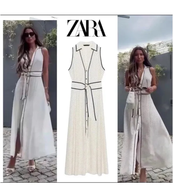 ZARA Cream Maxi Shirt Dress with Black Contrast Trim - Image 2