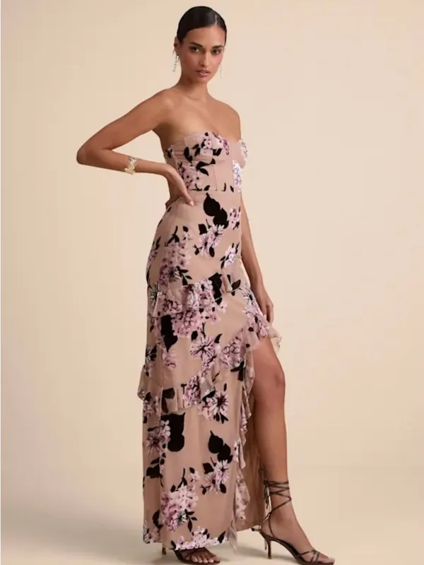Lulus Chelisa Beige Floral Ruffled Strapless Bustier Maxi Dress - Size S - Image 4