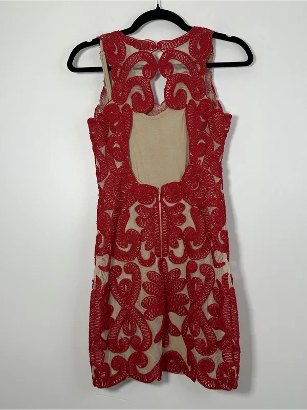 NBD Red Nude Embroidered Lace Mini Dress XS Open Back - Image 4