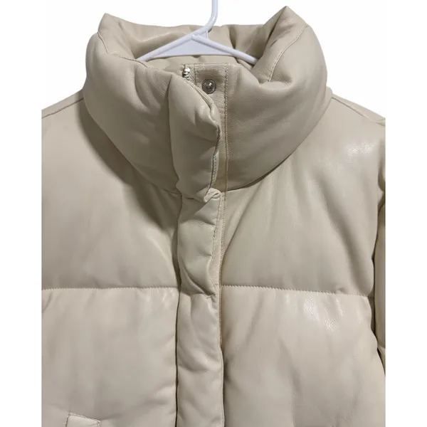 Abercrombie & Fitch Mini Puffer Vegan Leather Jacket Cream Women's Size‎ Small - Image 3
