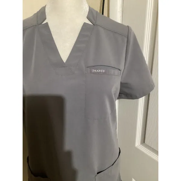 Jaanuu Women Gray V-Neck Scrub Top Short Sleeve Size S Style LN 157 - Image 2