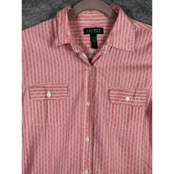 Lauren Ralph Lauren‎ Medium Shirt Button Up Pink Striped Long Sleeve Long Logo - Image 6