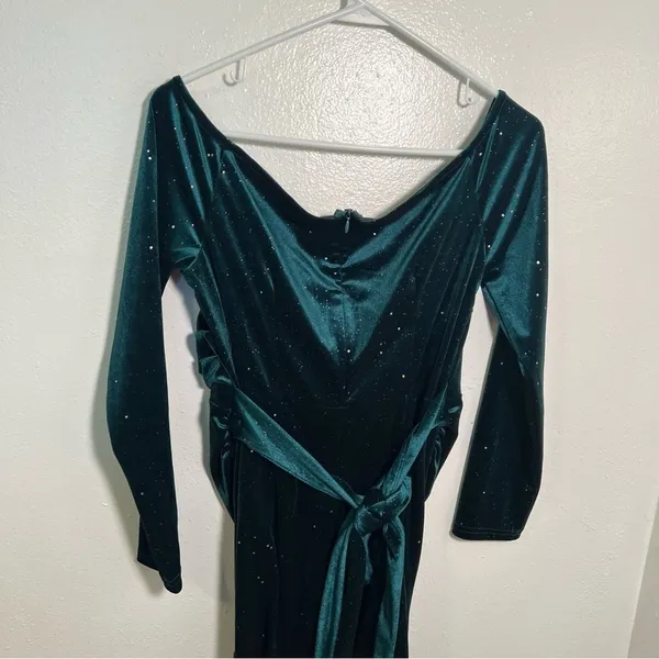 Women's Sz Large Off Shoulder Velvet Dress Emerald Green Rhinestones Long Sleeve - Image 8