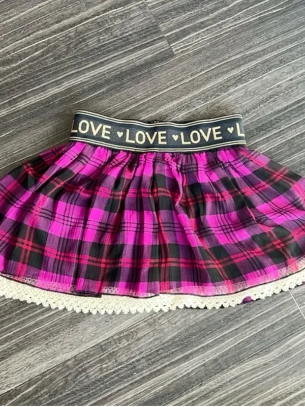 Jessica Simpson Purple and Black Plaid Mini Skirt with Lace Trim - Image 3
