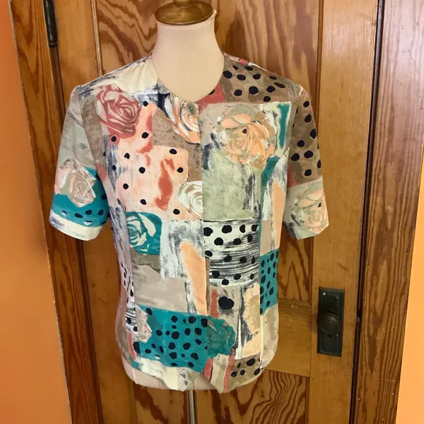 Vtg 80s patchwork print blouse Size L - Image 10