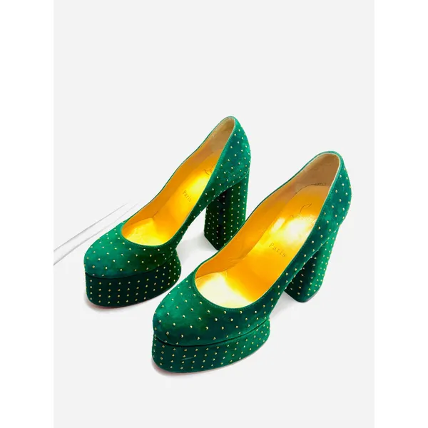 Christian Louboutin Foolish 130 Velvet Studded Platform Pumps Green EU 38 - Image 11