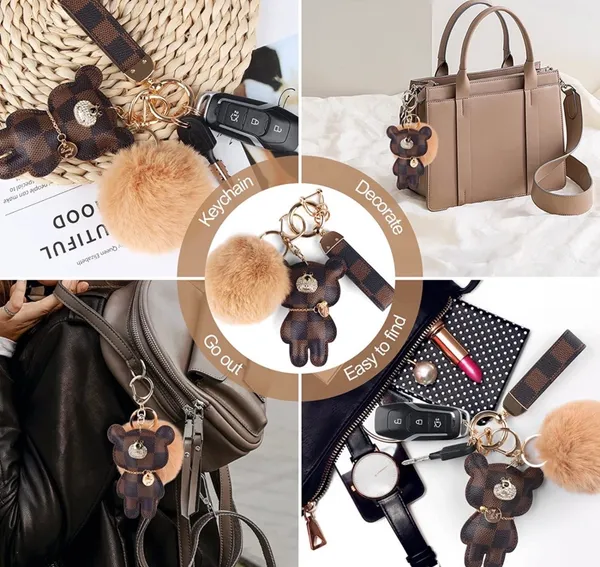 Leather Bear Monogram Keychain Keyfob Brown - Image 3
