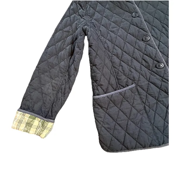 LL Bean‎ Vintage Quilted Riding Jacket Plaid Lined Black Women's Large Buttons - Image 3