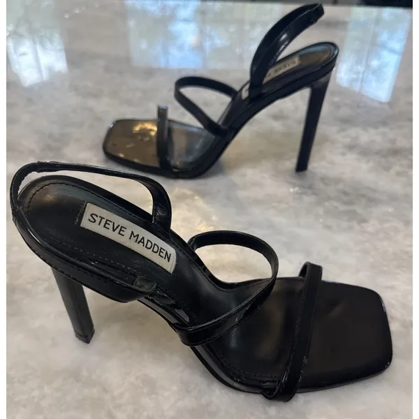 STEVE MADDEN Gracey Black Square Toe Stiletto Heeled Sandal 6.5 EUC - Image 4