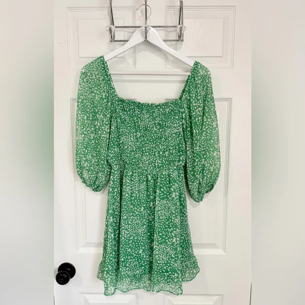 Sienna Sky Green Off the Shoulder Cottage Smocked Babydoll Mini Dress Speckled - Medium - Image 9