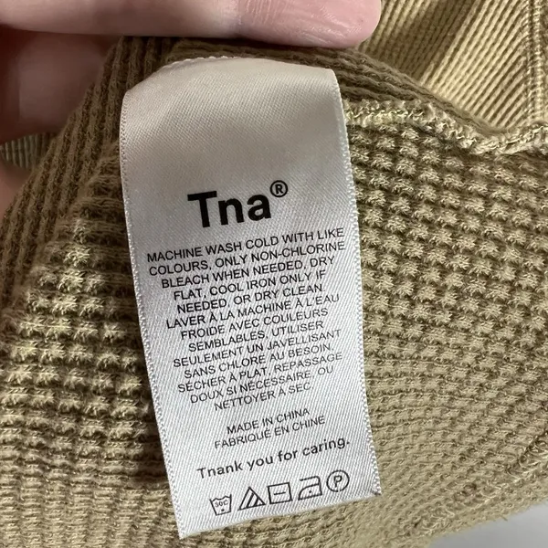 Aritzia‎ Tna Long Sleeve Waffle Knit Thermal Tan Hooded Shirt Women's Small - Image 5