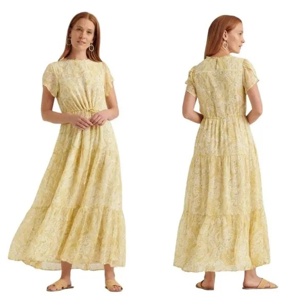 Lucky Brand Ariel Tiered Paisley Maxi Dress Yellow Boho Flutter Sleeve Size S - Image 2