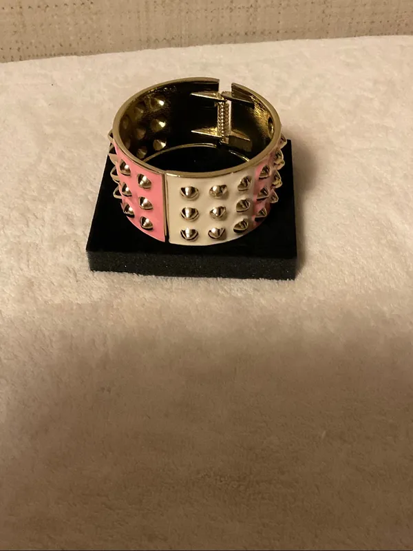 Pink Enamel Wide Bangle Bracelet with Silver Studs - Image 2