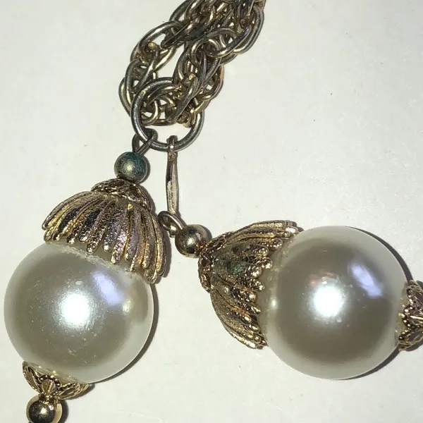 Vintage Gold Tone Double Faux Pearl Drop Necklace - Image 5