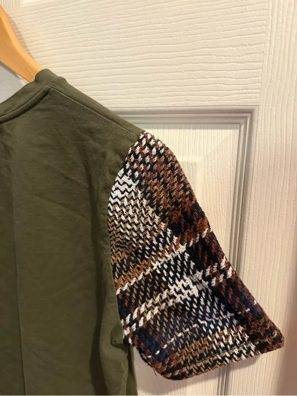 Zara Olive Green Tee with Brown & Navy Plaid Sleeves - Image 6