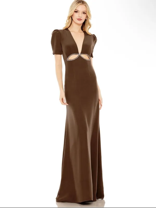 Mac Duggal Brown Beaded V-Neck Cap Sleeve Maxi Gown 4 - Image 2