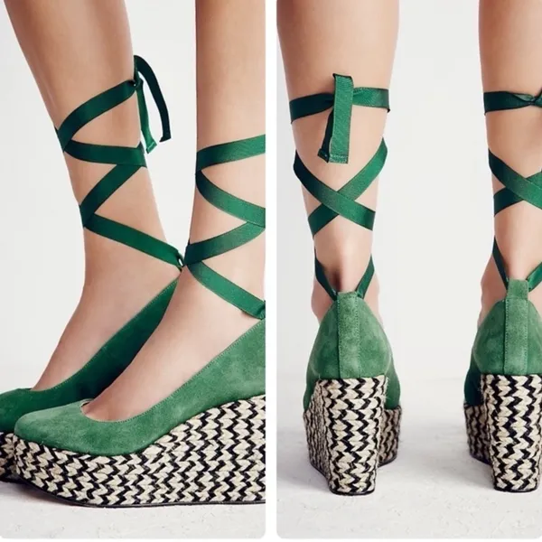Free People Suede Lace Up Charade Espadrille Wedge Heels Green Size 36 US 5.5 - Image 2