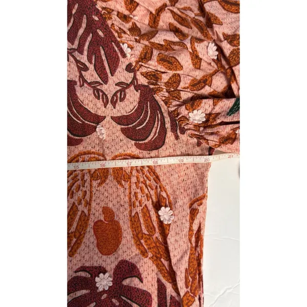Farm Rio Women's Blouse Orange Pink Size L Puff Sleeve Boho Floral Peasant Top - Image 9