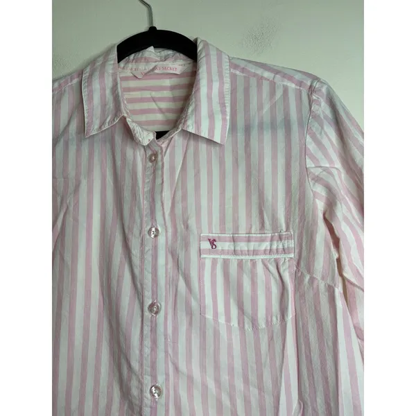 Victoria's‎ Secret Pink White Striped Cotton Button Down Nightshirt Medium - Image 2