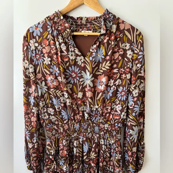 BTFL LIFE Brown Floral Asymmetrical Ruffled Dress‎ Size Large - Image 4