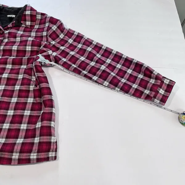 LL Bean Pink Plaid‎ Fleece Lined Flannel Shirt Jacket Shacket Size LARGE - Image 7