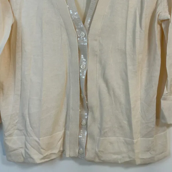 Elle Cream Sequin Trim Button Front Cardigan Sweater XL Ivory 3/4 Sleeve‎ - Image 4