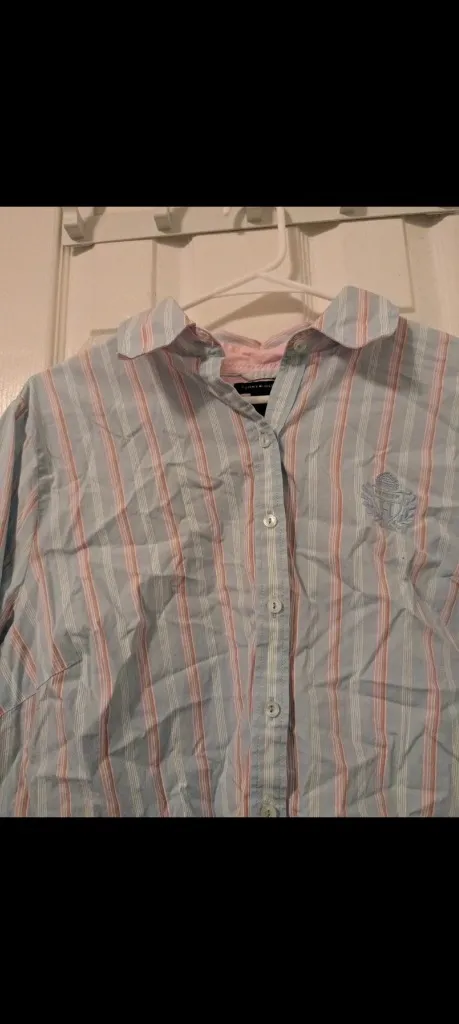 Tommy Hilfiger Women's Size 18 Blue Pink Striped Button Down Shirt Embroidered - Image 5